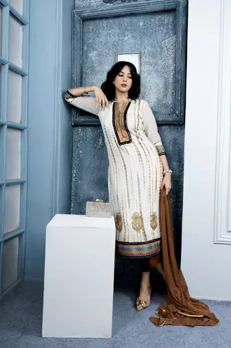 Nikhaar off-white embroidered georgette stitched straight cut trouser kurta & dupatta 