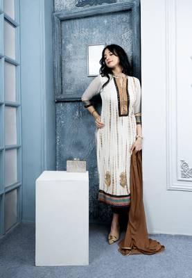 Nikhaar off-white embroidered georgette stitched straight cut trouser kurta & dupatta  4