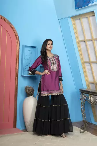 Nikhaa embroidered magenta cotton silk straight cut kurta & sharara set