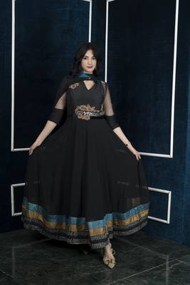 Nikhaar black embroidered georgette stitched anarkali trouser kurta & dupatta  1