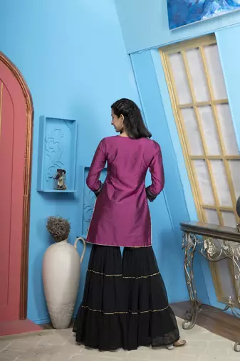 Nikhaa embroidered magenta cotton silk straight cut kurta & sharara set