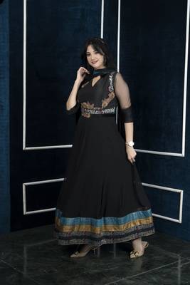 Nikhaar black embroidered georgette stitched anarkali trouser kurta & dupatta  3