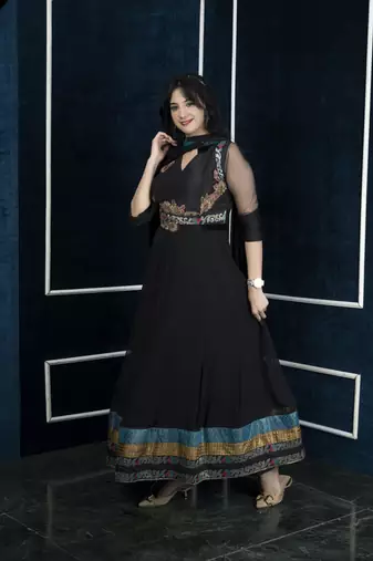 Nikhaar black embroidered georgette stitched anarkali trouser kurta & dupatta 