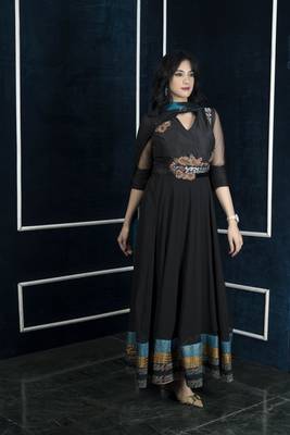 Nikhaar black embroidered georgette stitched anarkali trouser kurta & dupatta  4