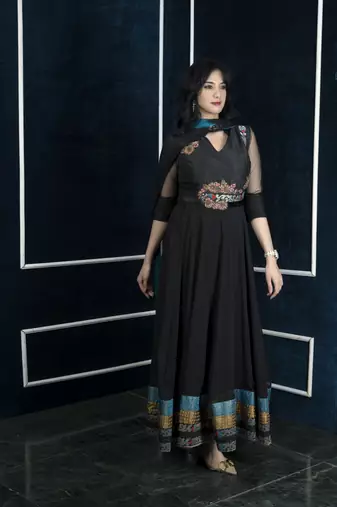 Nikhaar black embroidered georgette stitched anarkali trouser kurta & dupatta 