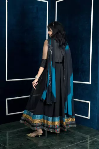 Nikhaar black embroidered georgette stitched anarkali trouser kurta & dupatta 