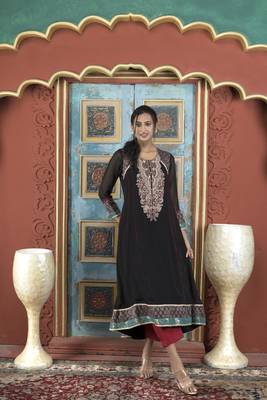 Nikhaa embroidered black georgette anarkali kurta & pants set 1