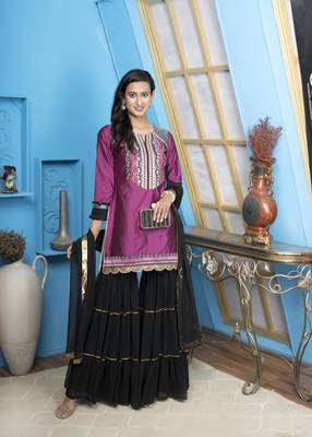 Nikhaar magenta embroidered cotton silk stitched straight cut sharara kurta & dupatta  1