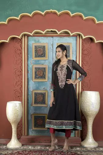 Nikhaa embroidered black georgette anarkali kurta & pants set