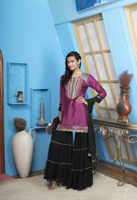 Nikhaar magenta embroidered cotton silk stitched straight cut sharara kurta & dupatta  3
