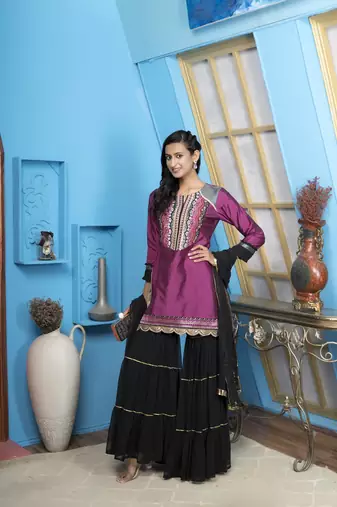 Nikhaar magenta embroidered cotton silk stitched straight cut sharara kurta & dupatta 