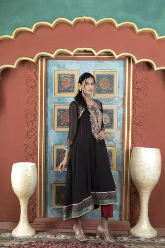 Nikhaa embroidered black georgette anarkali kurta & pants set