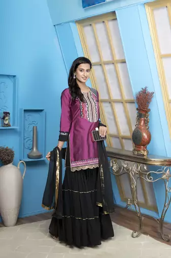 Nikhaar magenta embroidered cotton silk stitched straight cut sharara kurta & dupatta 