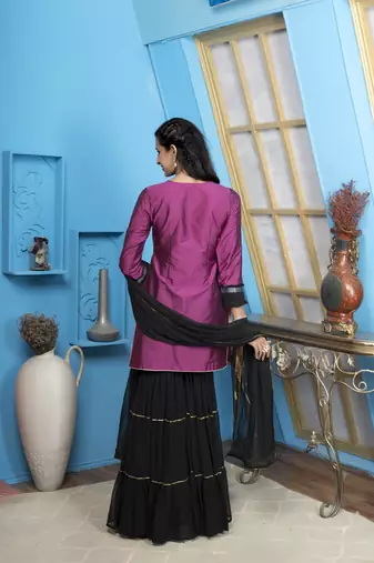 Nikhaar magenta embroidered cotton silk stitched straight cut sharara kurta & dupatta 