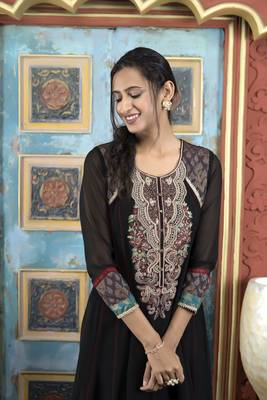 Nikhaa embroidered black georgette anarkali kurta & pants set 6