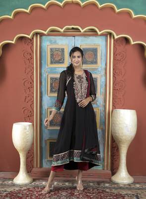 Nikhaar black embroidered georgette stitched anarkali trouser kurta & dupatta  1