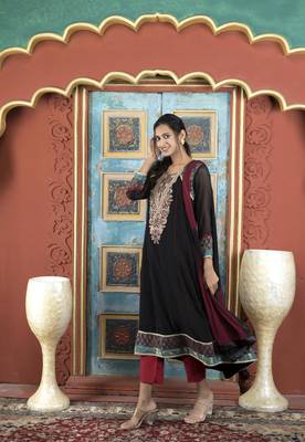 Nikhaar black embroidered georgette stitched anarkali trouser kurta & dupatta  3