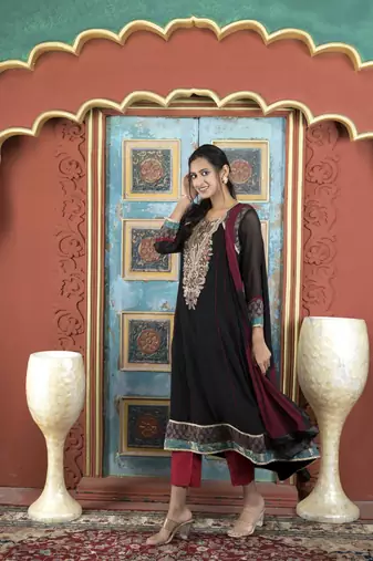 Nikhaar black embroidered georgette stitched anarkali trouser kurta & dupatta 