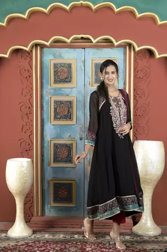 Nikhaar black embroidered georgette stitched anarkali trouser kurta & dupatta 