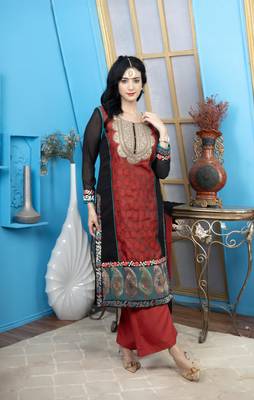 Nikhaa embroidered maroon silk straight cut kurta & palazzo set 4