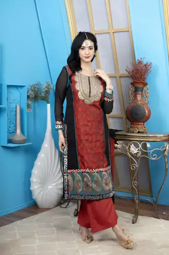 Nikhaa embroidered maroon silk straight cut kurta & palazzo set