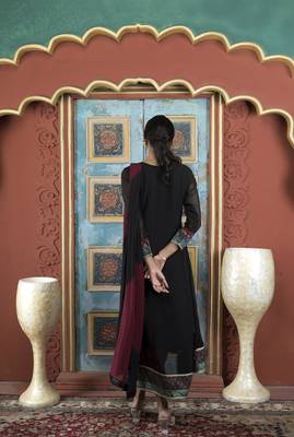 Nikhaar black embroidered georgette stitched anarkali trouser kurta & dupatta  5