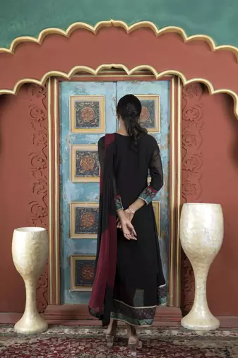 Nikhaar black embroidered georgette stitched anarkali trouser kurta & dupatta 