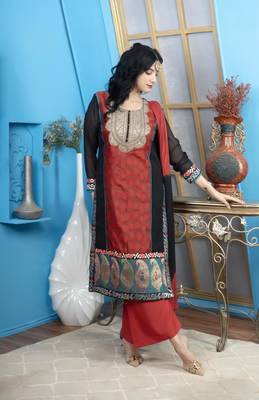 Nikhaar maroon embroidered silk stitched straight cut palazzo kurta & dupatta  3