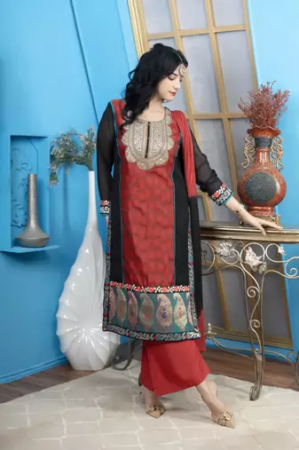 Nikhaar maroon embroidered silk stitched straight cut palazzo kurta & dupatta 