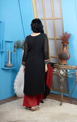 Nikhaar maroon embroidered silk stitched straight cut palazzo kurta & dupatta  4