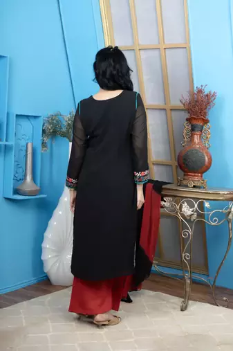 Nikhaar maroon embroidered silk stitched straight cut palazzo kurta & dupatta 