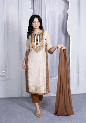 Nikhaar beige embroidered silk stitched straight cut trouser kurta & dupatta  1