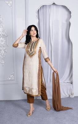 Nikhaar beige embroidered silk stitched straight cut trouser kurta & dupatta  3