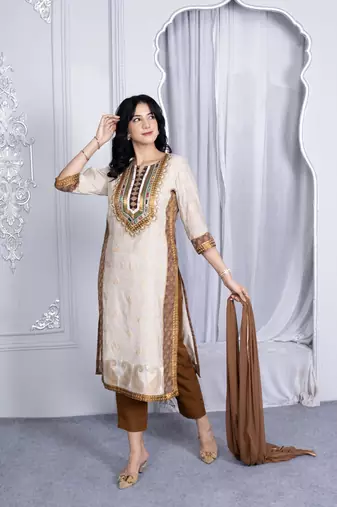 Nikhaar beige embroidered silk stitched straight cut trouser kurta & dupatta 