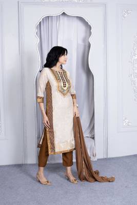 Nikhaar beige embroidered silk stitched straight cut trouser kurta & dupatta  4