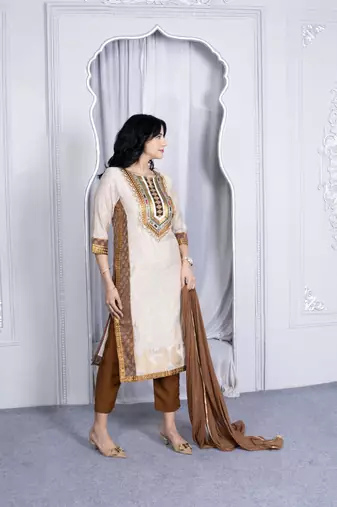 Nikhaar beige embroidered silk stitched straight cut trouser kurta & dupatta 