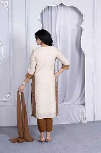 Nikhaar beige embroidered silk stitched straight cut trouser kurta & dupatta 
