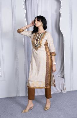 Nikhaa embroidered beige silk straight cut kurta & pants set 3