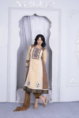 Nikhaar beige embroidered silk stitched a line trouser kurta & dupatta  1