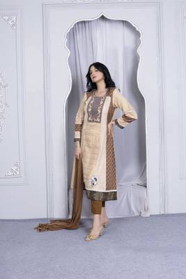 Nikhaar beige embroidered silk stitched a line trouser kurta & dupatta  3