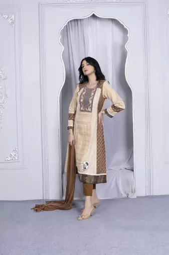 Nikhaar beige embroidered silk stitched a line trouser kurta & dupatta 
