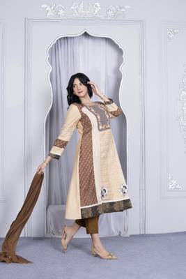 Nikhaar beige embroidered silk stitched a line trouser kurta & dupatta  4