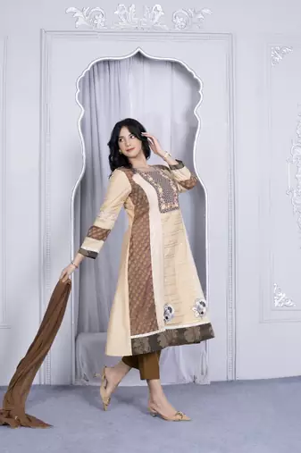 Nikhaar beige embroidered silk stitched a line trouser kurta & dupatta 