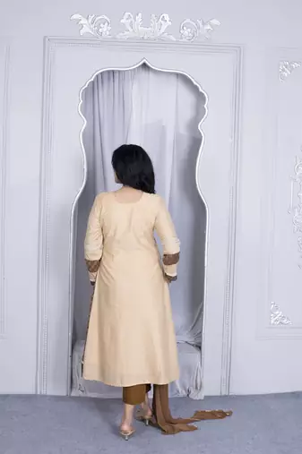 Nikhaar beige embroidered silk stitched a line trouser kurta & dupatta 