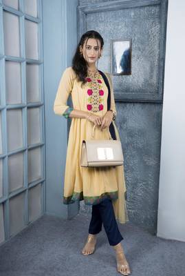 Nikhaar beige embroidered georgette stitched a line trouser kurta & dupatta  1