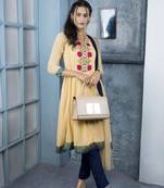 Nikhaar beige embroidered georgette stitched a line trouser kurta & dupatta 