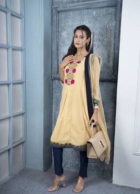 Nikhaar beige embroidered georgette stitched a line trouser kurta & dupatta  3