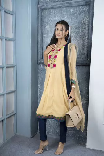 Nikhaar beige embroidered georgette stitched a line trouser kurta & dupatta 