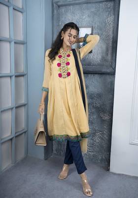 Nikhaar beige embroidered georgette stitched a line trouser kurta & dupatta  4