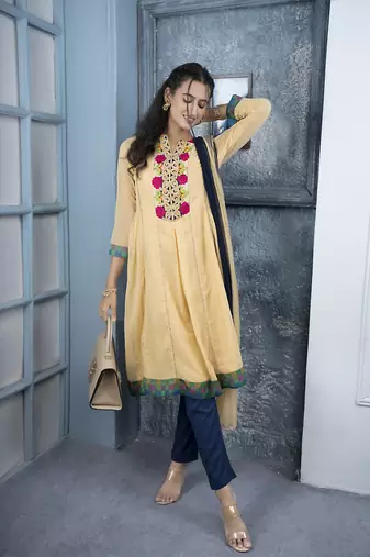 Nikhaar beige embroidered georgette stitched a line trouser kurta & dupatta 